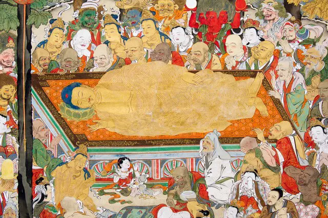 A Japanese, Edo period hanging scroll painting  Nehan-zu, (the death of the Buddha) a depiction the parinirvana, or entry into a state of  complete enlightenment, of  the Buddha Sakyamuni. Executed on finely woven textile, most likely silk, with a backing of heavy paper. Image 1++