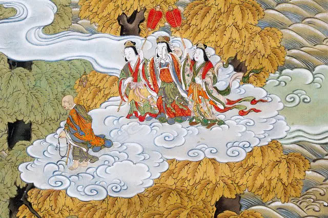 A Japanese, Edo period hanging scroll painting  Nehan-zu, (the death of the Buddha) a depiction the parinirvana, or entry into a state of  complete enlightenment, of  the Buddha Sakyamuni. Executed on finely woven textile, most likely silk, with a backing of heavy paper. Image 1++