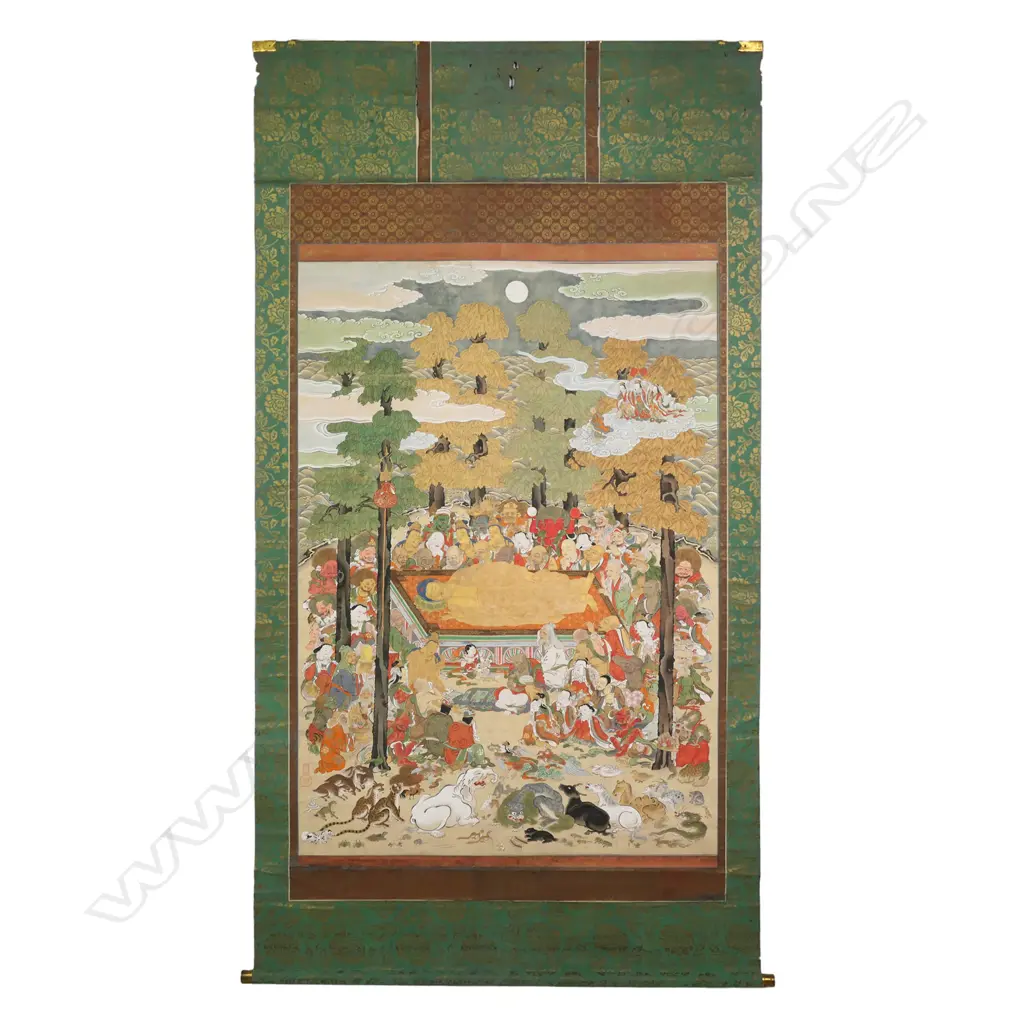 A Japanese, Edo period hanging scroll painting  Nehan-zu, (the death of the Buddha) a depiction the parinirvana, or entry into a state of  complete enlightenment, of  the Buddha Sakyamuni. Executed on finely woven textile, most likely silk, with a backing of heavy paper. Image 1++