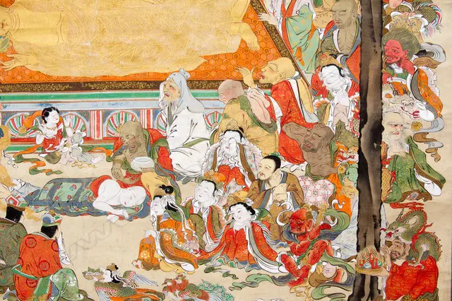 A Japanese, Edo period hanging scroll painting  Nehan-zu, (the death of the Buddha) a depiction the parinirvana, or entry into a state of  complete enlightenment, of  the Buddha Sakyamuni. Executed on finely woven textile, most likely silk, with a backing of heavy paper. Image 1++