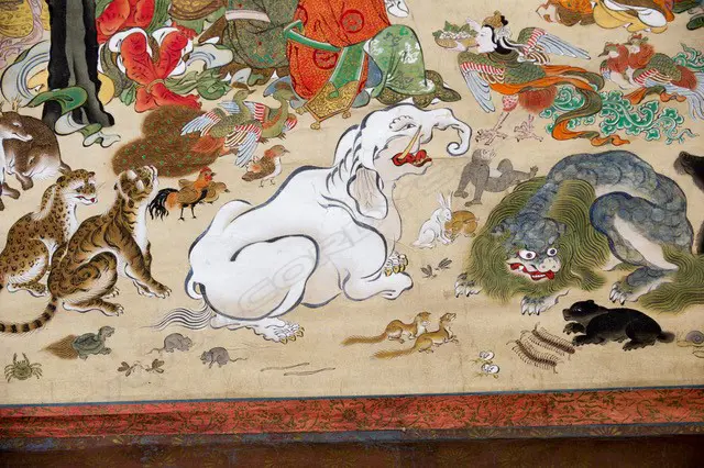 A Japanese, Edo period hanging scroll painting  Nehan-zu, (the death of the Buddha) a depiction the parinirvana, or entry into a state of  complete enlightenment, of  the Buddha Sakyamuni. Executed on finely woven textile, most likely silk, with a backing of heavy paper. Image 1++