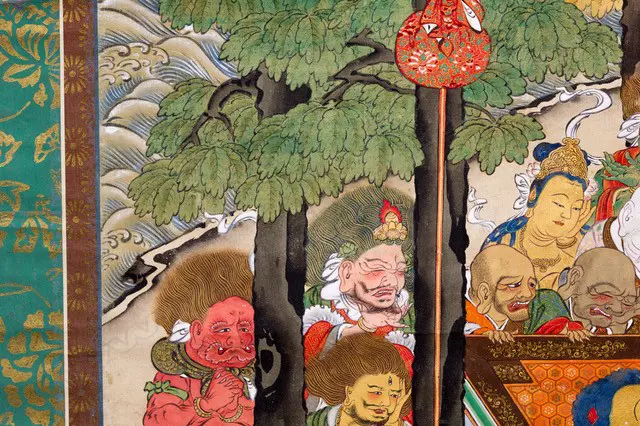 A Japanese, Edo period hanging scroll painting  Nehan-zu, (the death of the Buddha) a depiction the parinirvana, or entry into a state of  complete enlightenment, of  the Buddha Sakyamuni. Executed on finely woven textile, most likely silk, with a backing of heavy paper. Image 1++