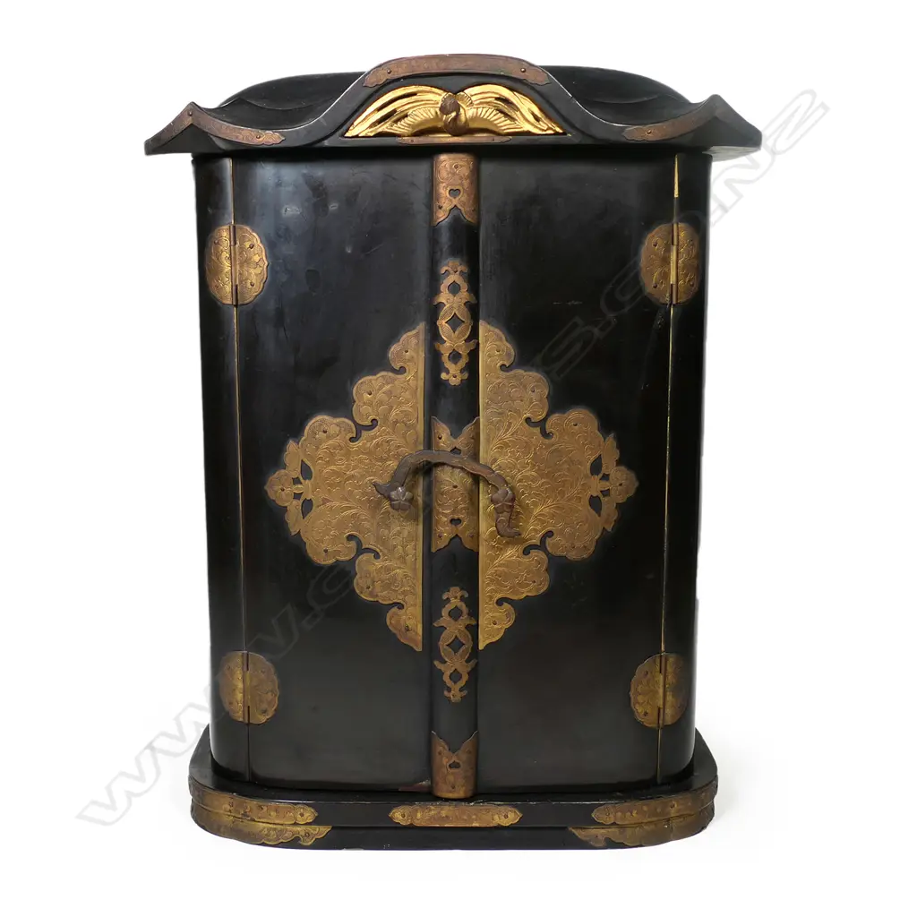 A 19thC wooden Amida buddha in a lacquered and gilded reliquary cabinet, Image 1++