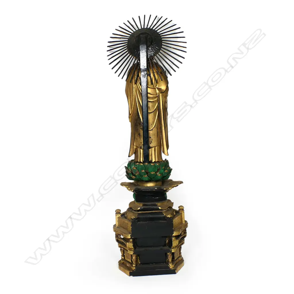 An early 20thC carved and gilded cypress wood Amida Buddha statue, Image 1++
