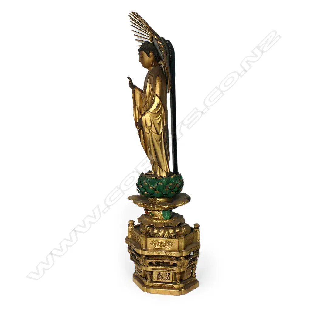 An early 20thC carved and gilded cypress wood Amida Buddha statue, Image 1++