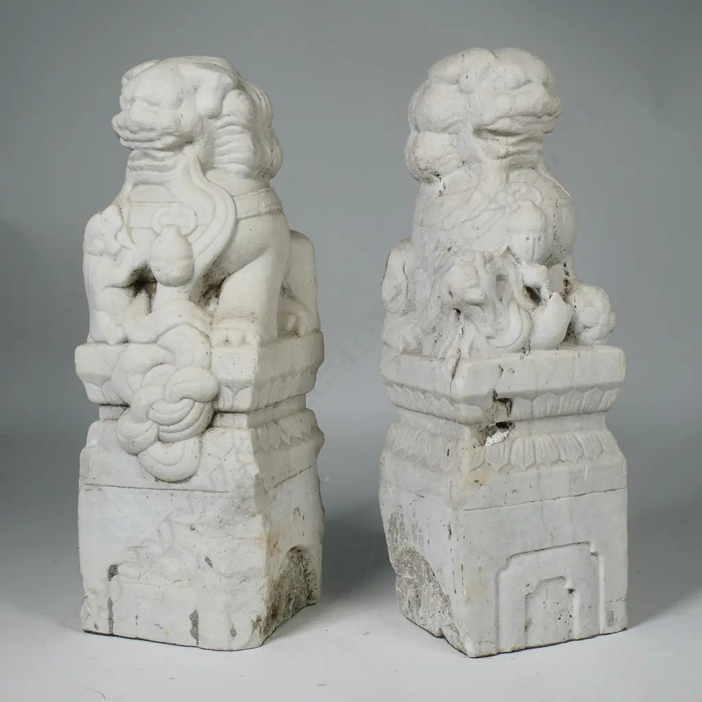 A pair of Qing period Chinese marble temple lions carved as newel post finials Image 1++