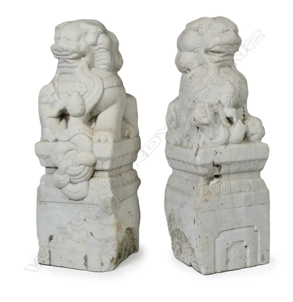 A pair of Qing period Chinese marble temple lions carved as newel post finials Image 1++