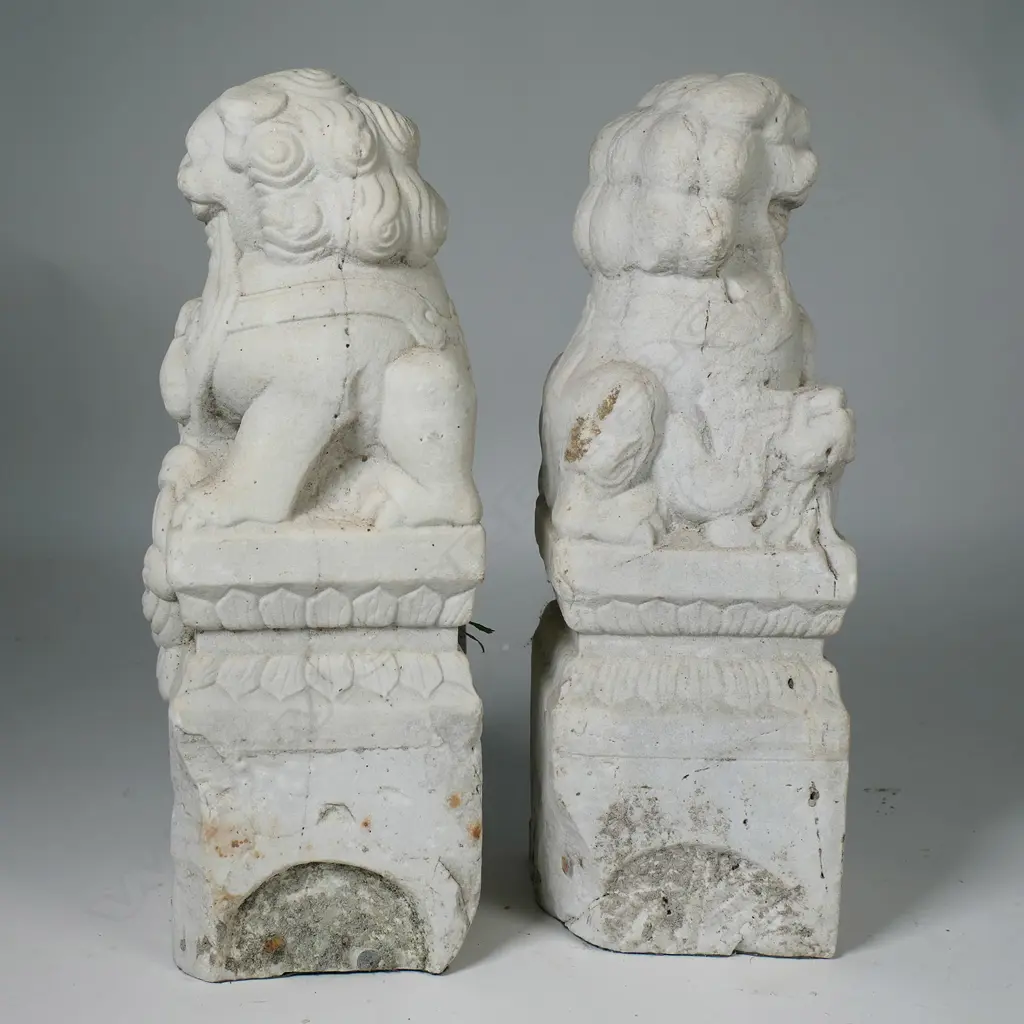 A pair of Qing period Chinese marble temple lions carved as newel post finials Image 1++