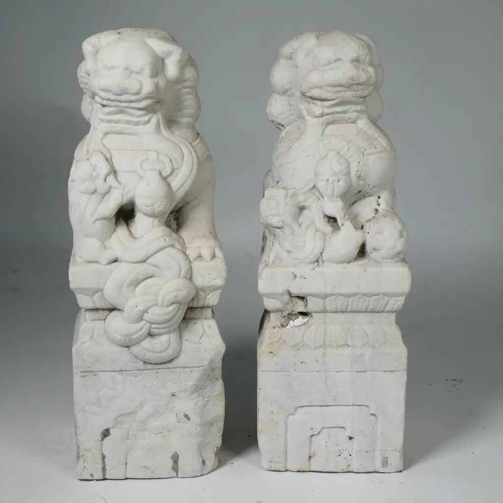 A pair of Qing period Chinese marble temple lions carved as newel post finials Image 1++