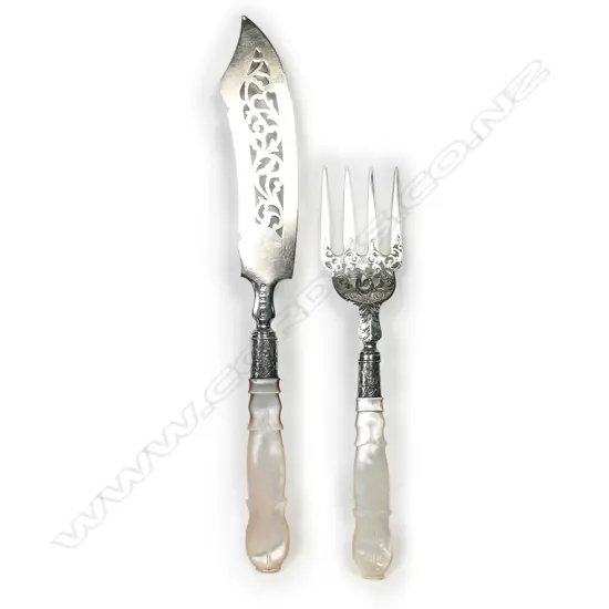 A pair of early Victorian silver and mother-of-pearl fish servers,