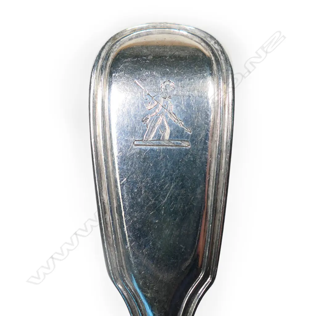 A set of 12 early 19thC silver fiddle and thread pattern dessert spoons, Image 1++