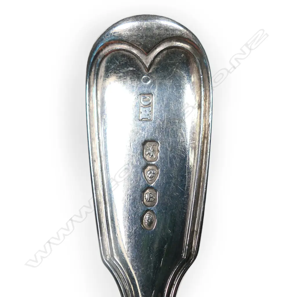 A set of 12 early 19thC silver fiddle and thread pattern dessert spoons, Image 1++