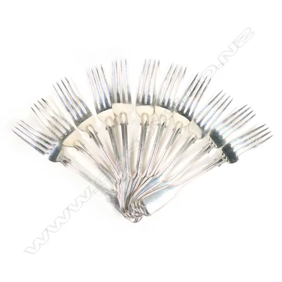 A set of 11 Victorian silver fiddle and thread pattern table forks,