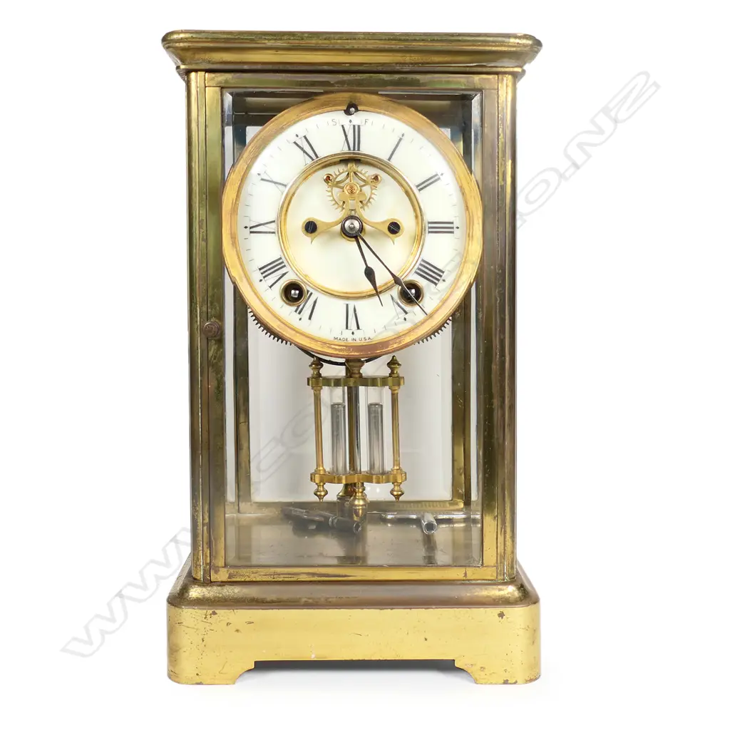 A 19thC American brass and four-glass mantel clock Image 1++