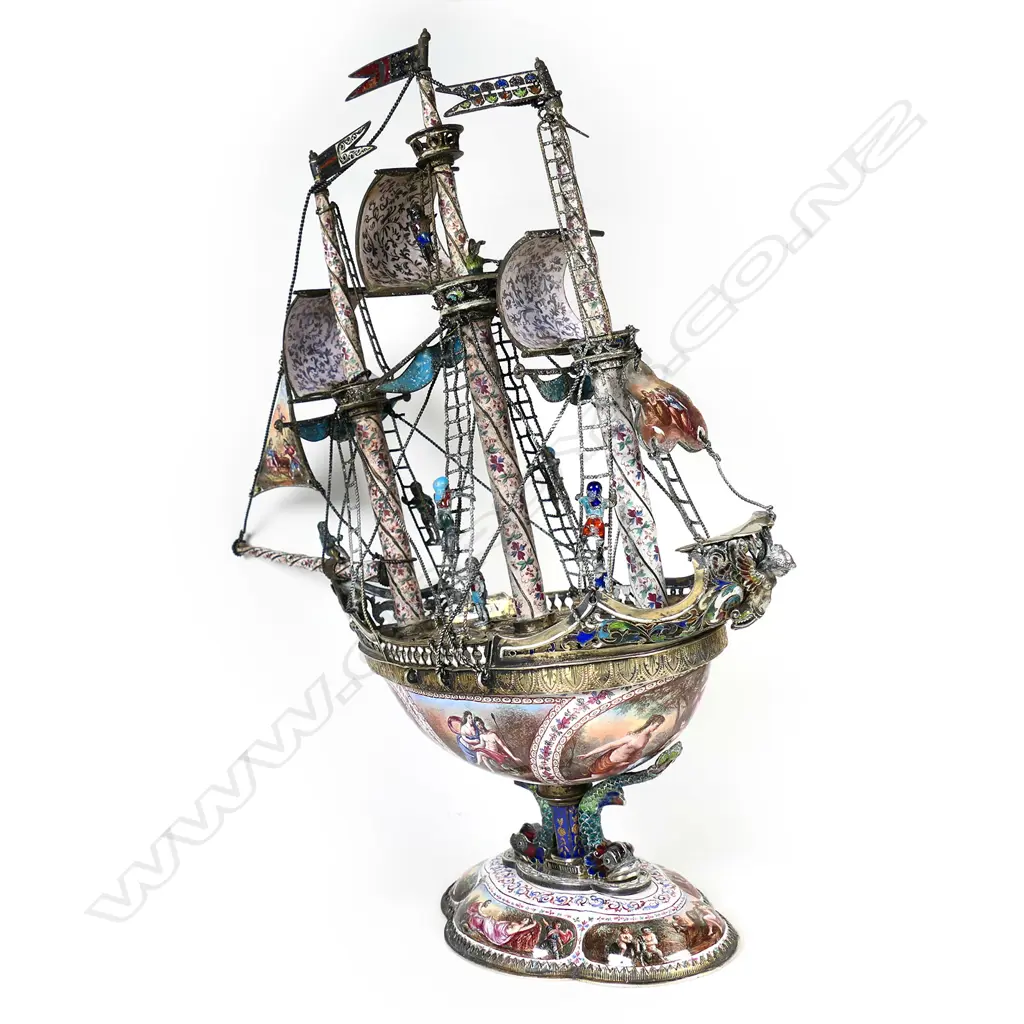 A 19thC Viennese silver and enamel nef, by Herman Böhm, Image 1++