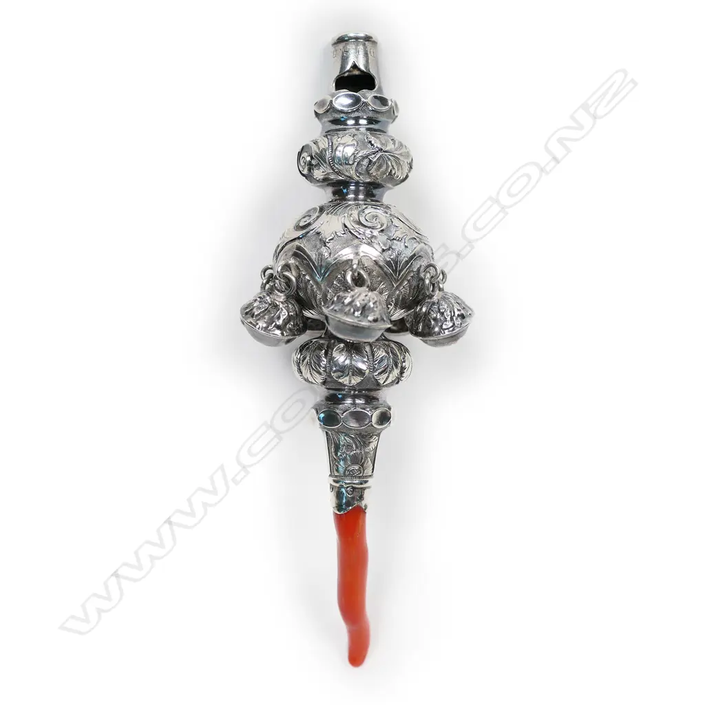 A Victorian silver and coral baby rattle, Image 1++
