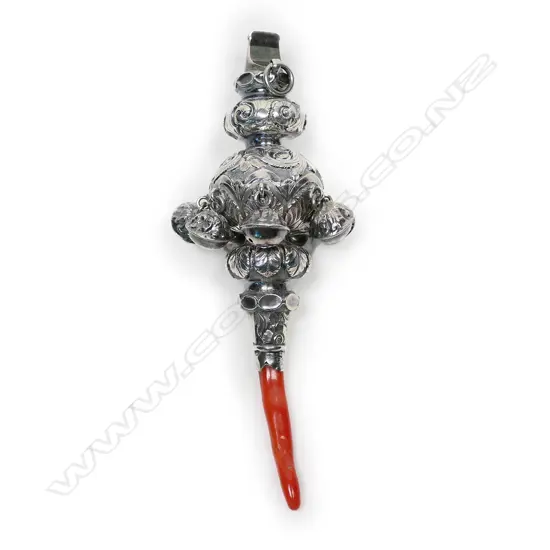 A Victorian silver and coral baby rattle,