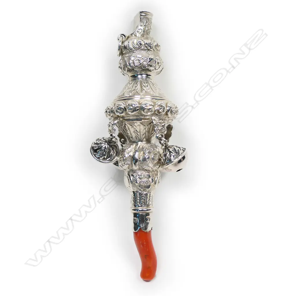 A Victorian silver and coral baby rattle, Image 1++