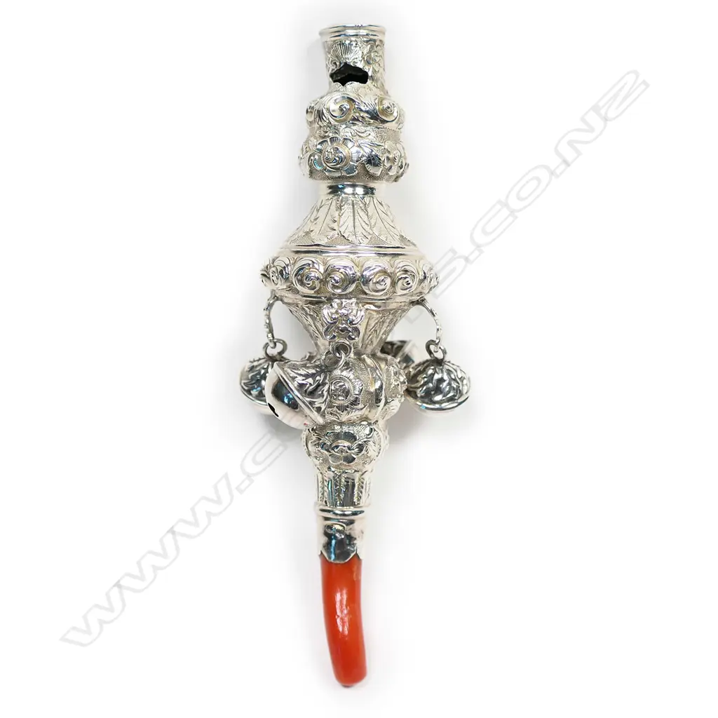 A Victorian silver and coral baby rattle, Image 1++