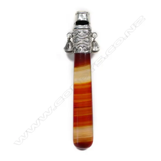 A Victorian silver and agate baby rattle,