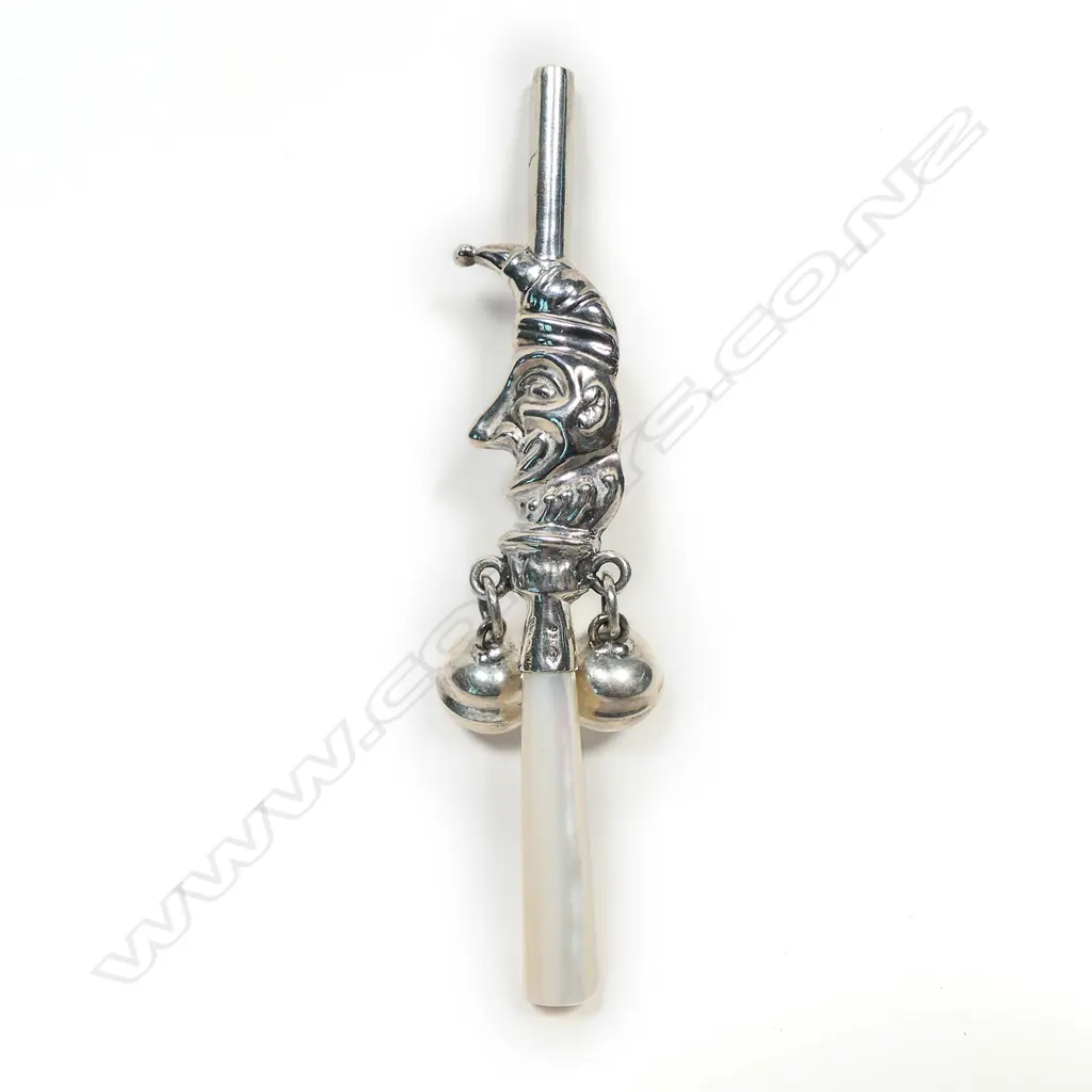A silver and mother of pearl baby rattle, Image 1++