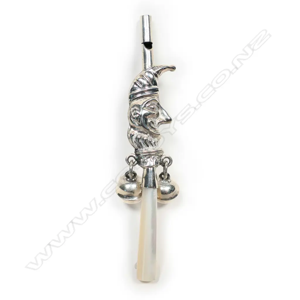 A silver and mother of pearl baby rattle, Image 1++