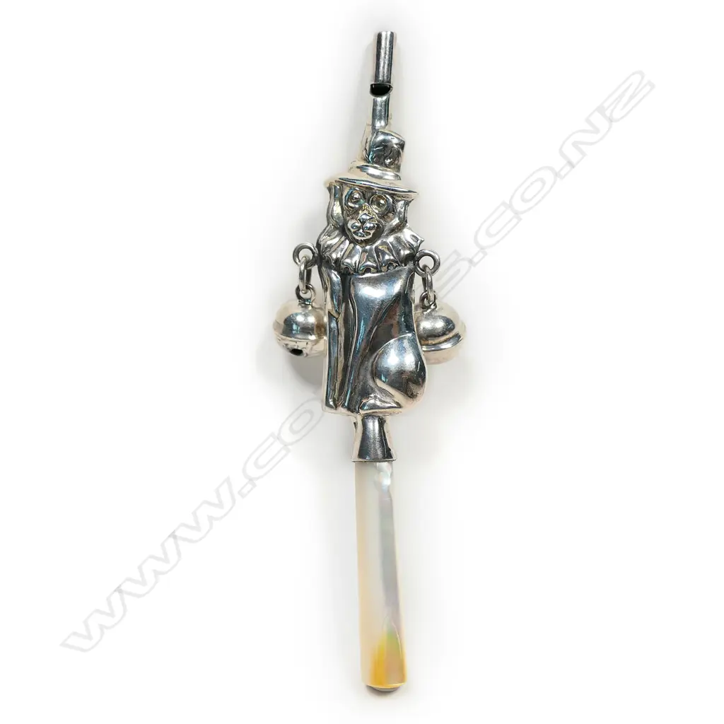 A silver and mother of pearl baby rattle, Image 1++