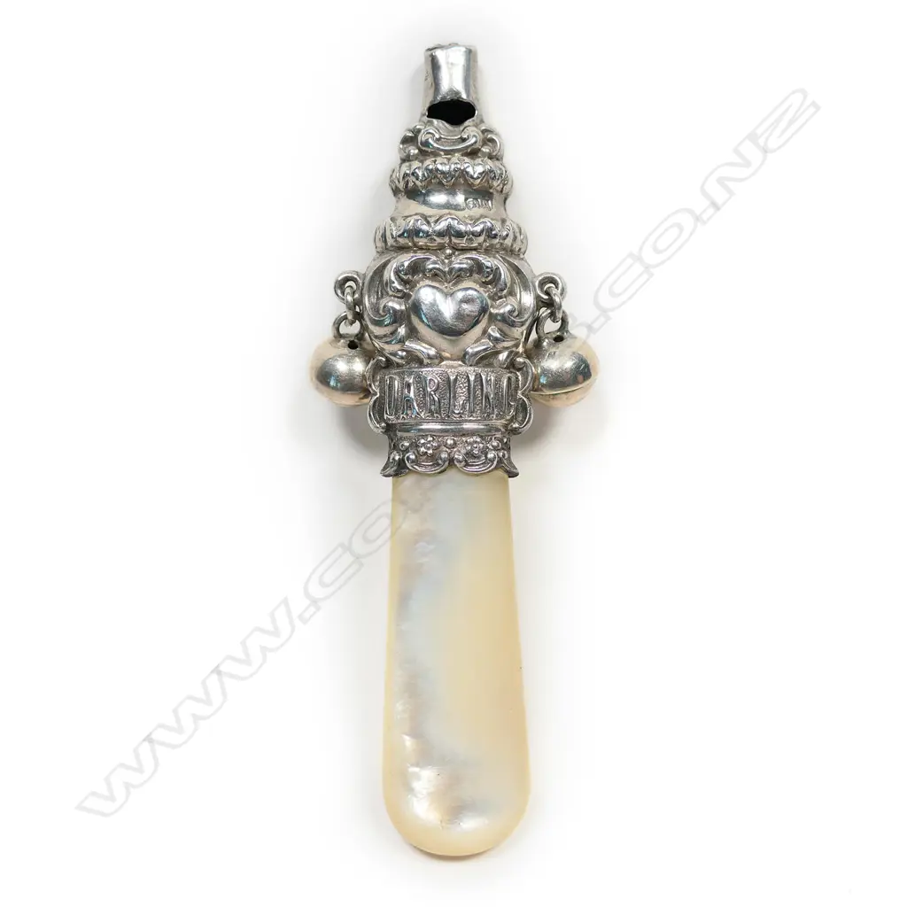 An Edwardian silver and mother of pearl baby rattle, Image 1++