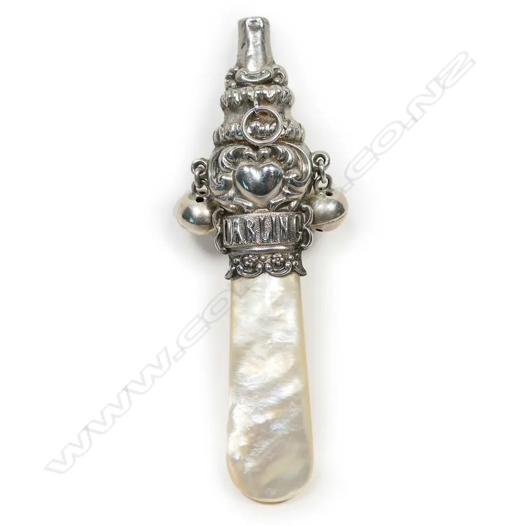 An Edwardian silver and mother of pearl baby rattle, Image 1++