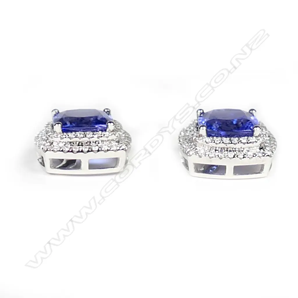 A pair of 14ct white gold, tanzanite and diamond double halo stud earrings, Image 1++