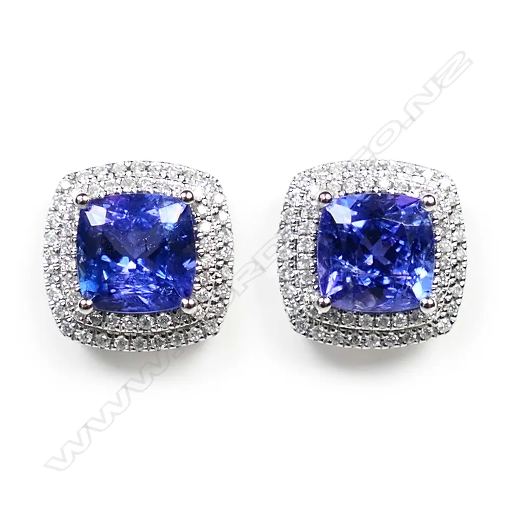 A pair of 14ct white gold, tanzanite and diamond double halo stud earrings, Image 1++