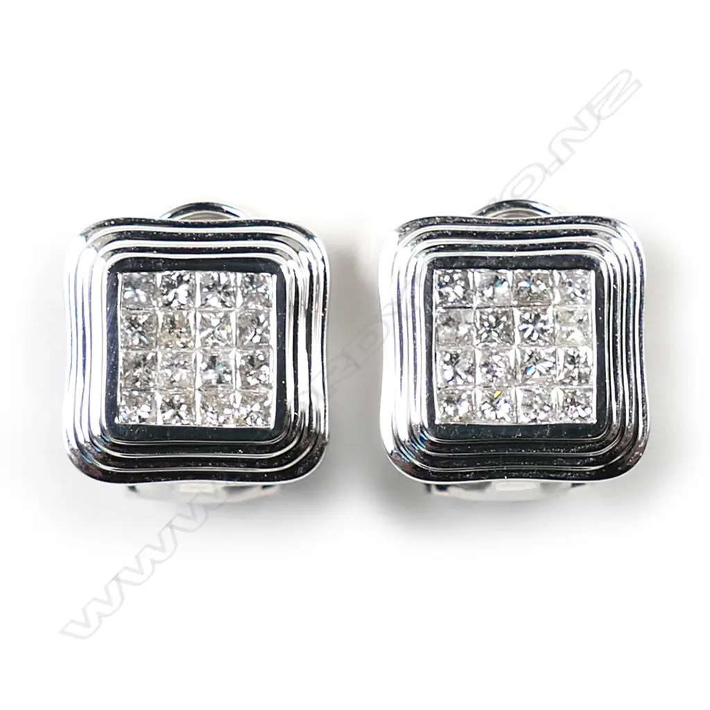 A pair of 18ct white gold and diamond earrings, Image 1++