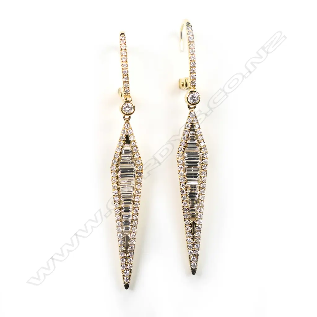 A pair of 18ct gold and diamond drop earrings, Image 1++