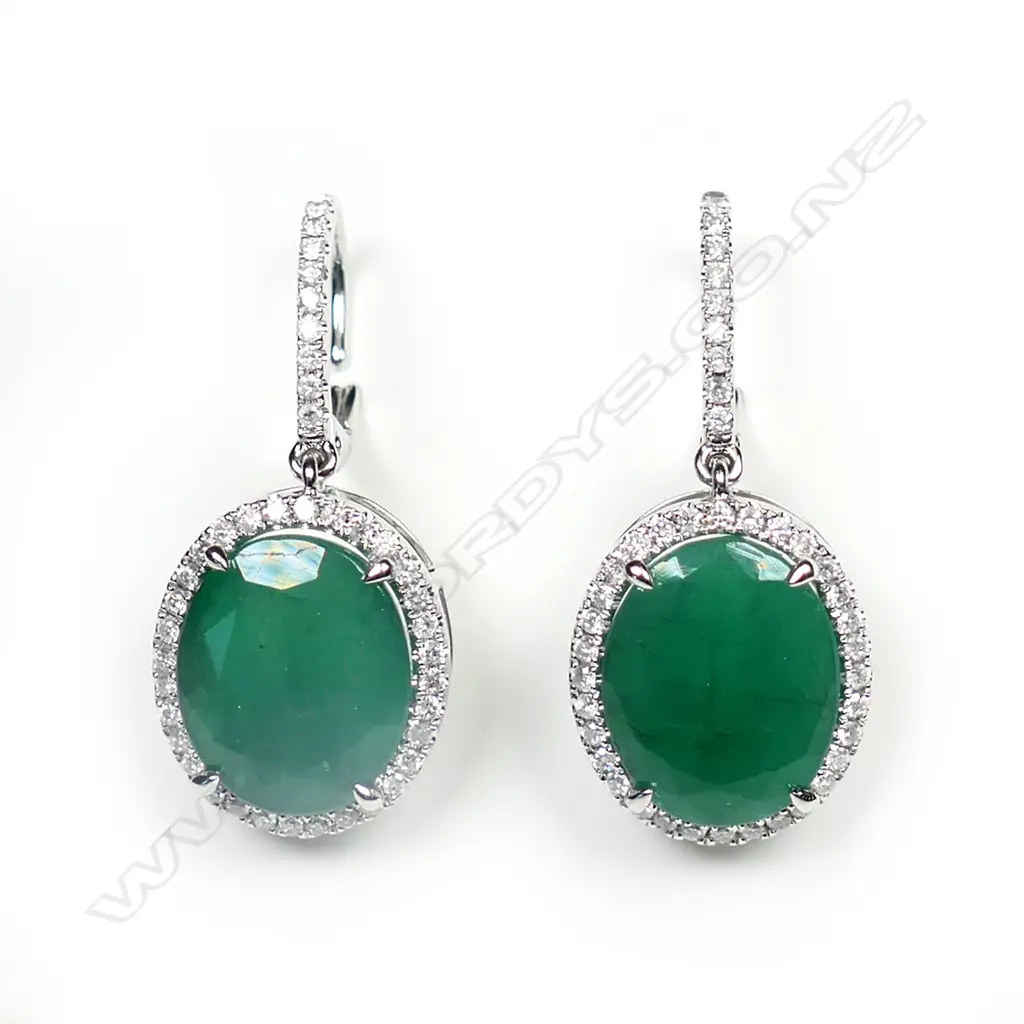A pair of 14ct white gold, emerald and diamond drop earrings, Image 1++