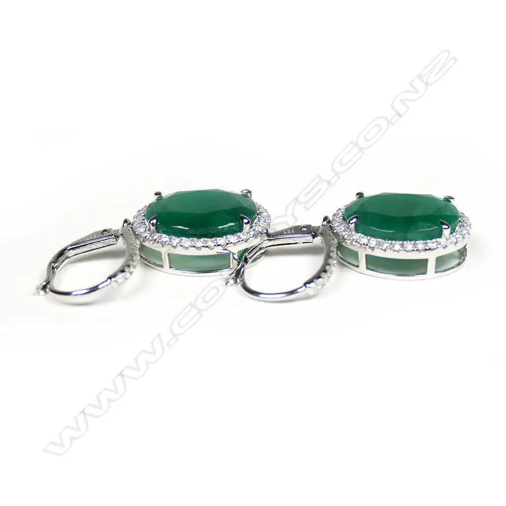 A pair of 14ct white gold, emerald and diamond drop earrings, Image 1++