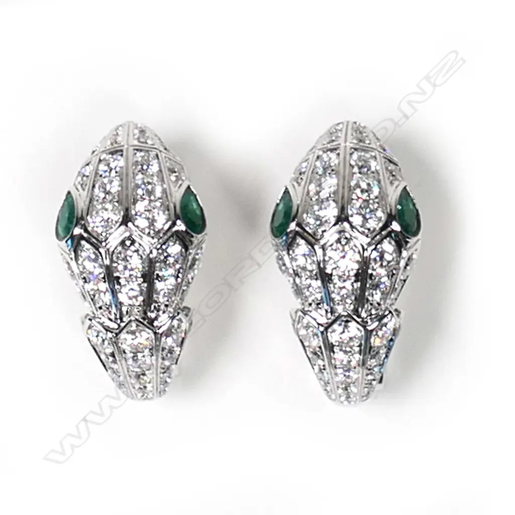 A pair of Bvlgari 18ct white gold, diamond and emerald snake earrings, Image 1++