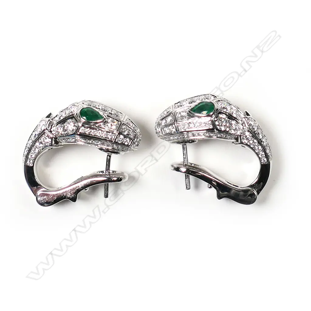 A pair of Bvlgari 18ct white gold, diamond and emerald snake earrings, Image 1++