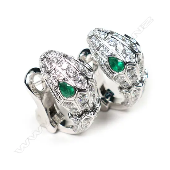 A pair of Bvlgari 18ct white gold, diamond and emerald snake earrings,
