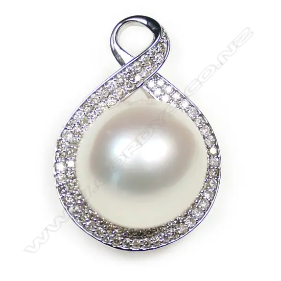 A 14ct white gold, cultured pearl and diamond infinity pendant,