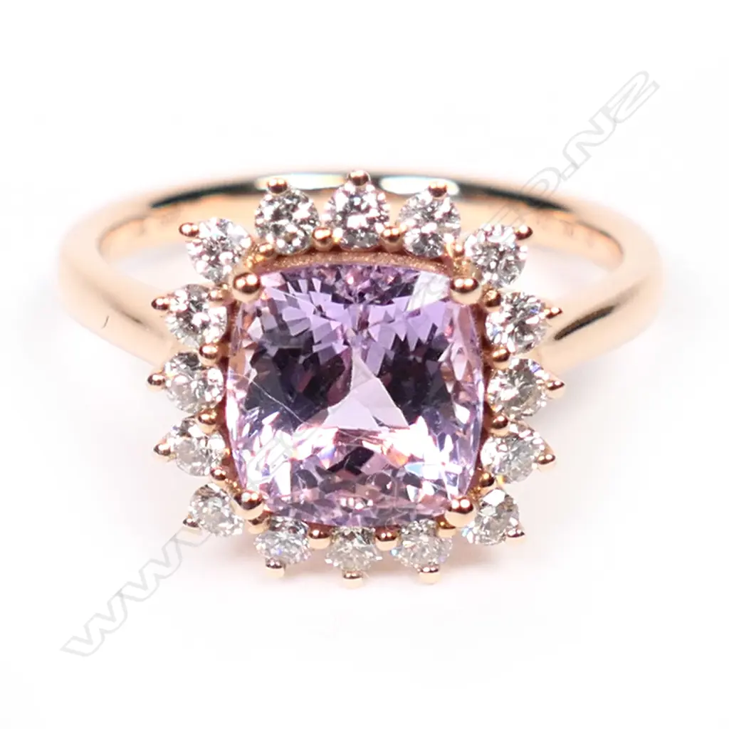 A 14ct rose gold, kunzite and diamond halo ring, Image 1++
