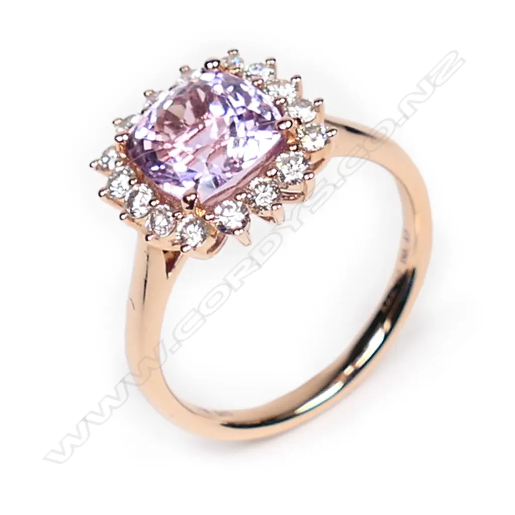 A 14ct rose gold, kunzite and diamond halo ring, Image 1++