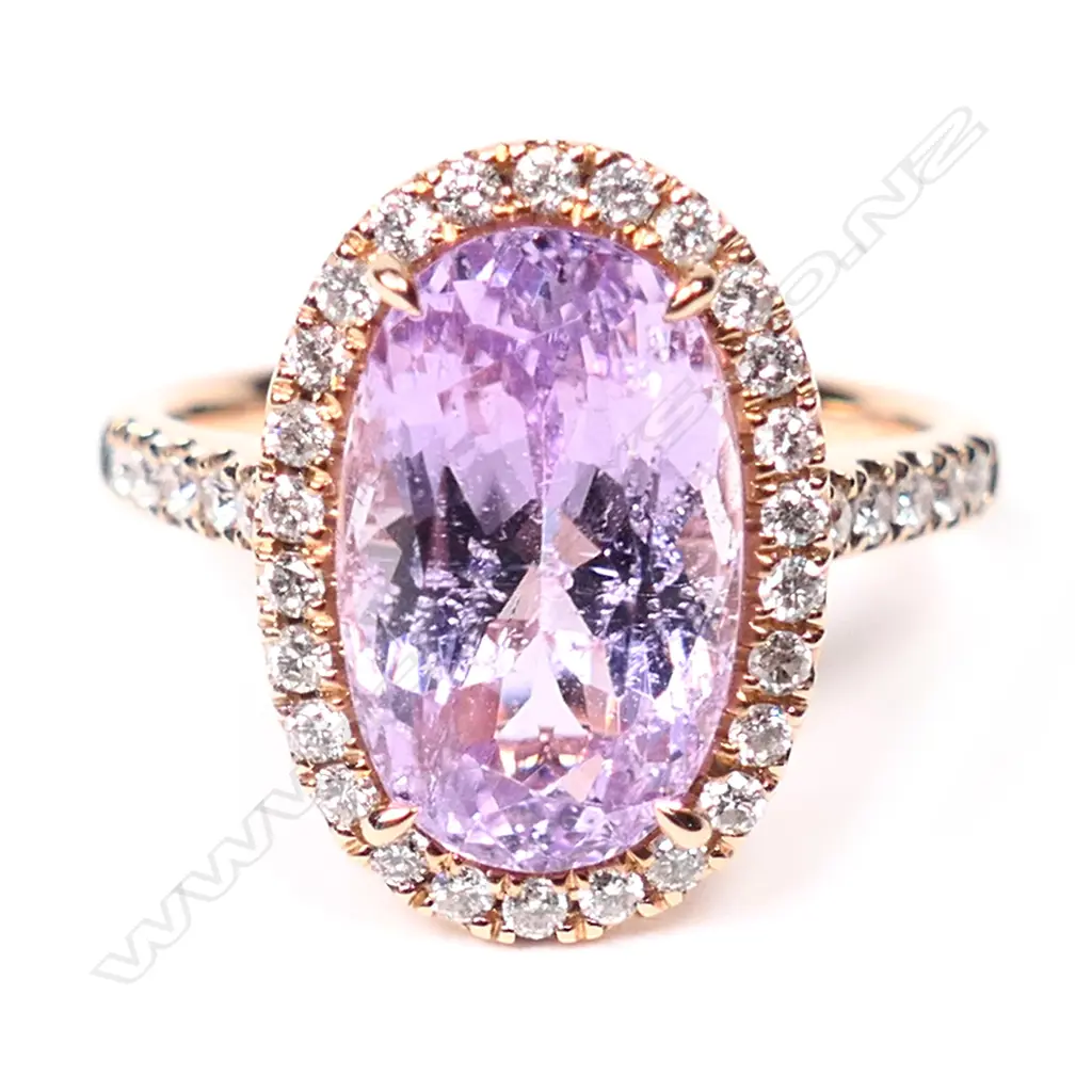 A 14ct rose gold, kunzite and diamond vintage style halo ring, Image 1++