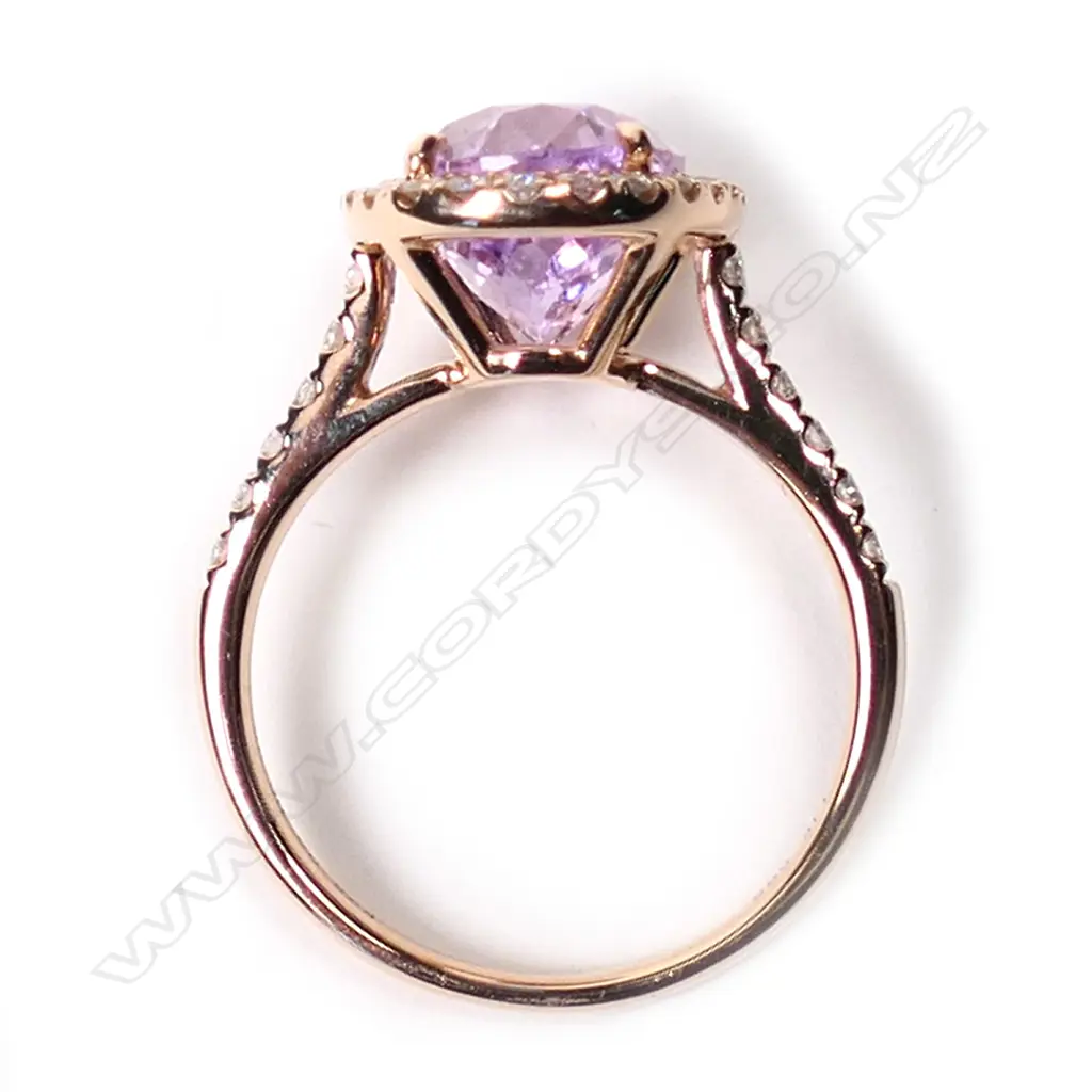 A 14ct rose gold, kunzite and diamond vintage style halo ring, Image 1++