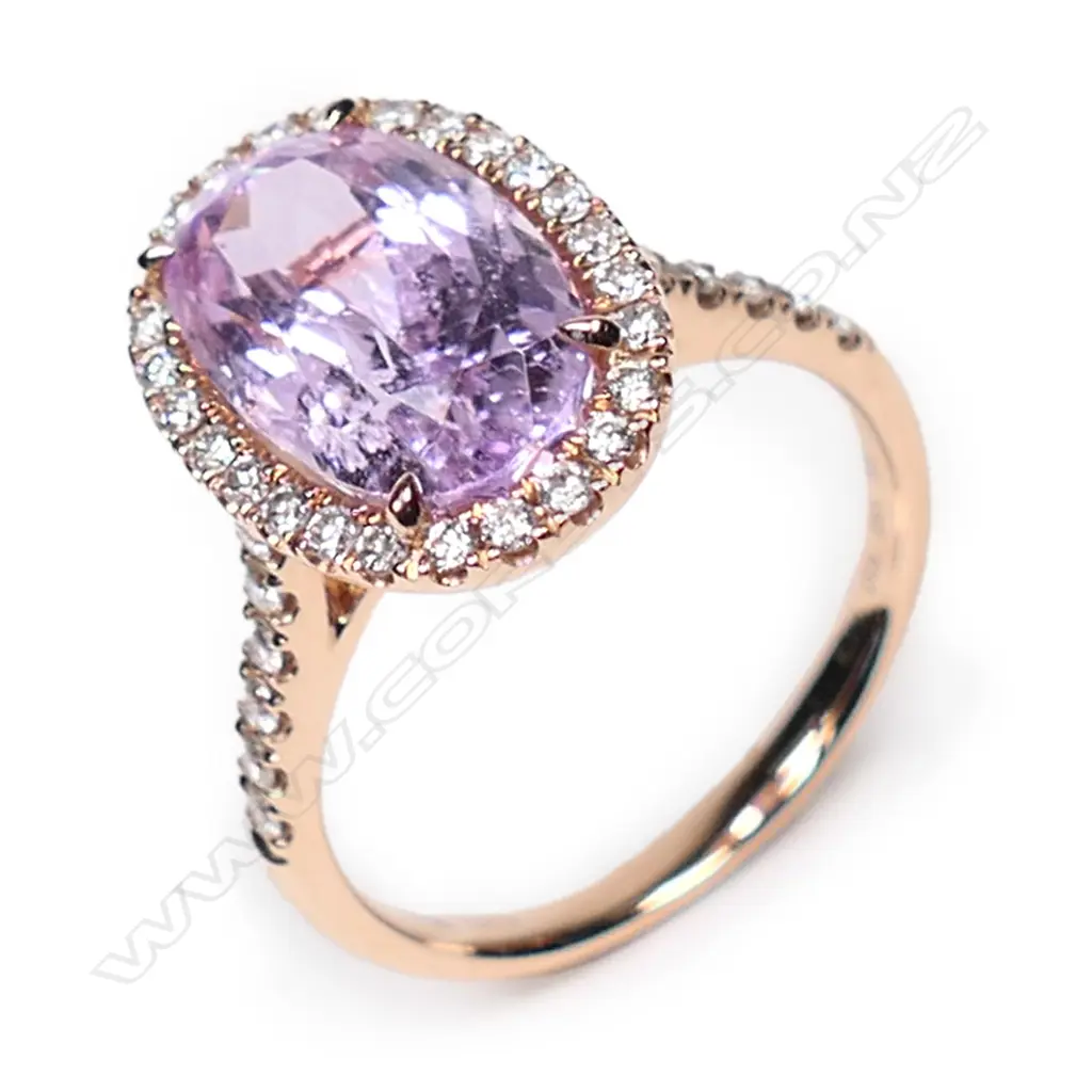 A 14ct rose gold, kunzite and diamond vintage style halo ring, Image 1++