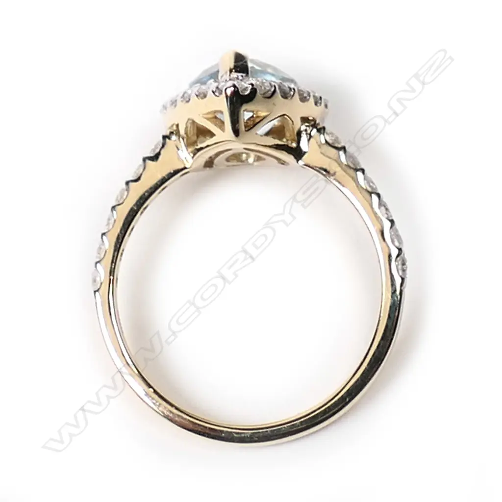 A 14ct gold, aquamarine and diamond halo ring, Image 1++