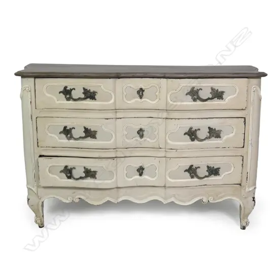 A Louis XV provincial painted three drawer commode,