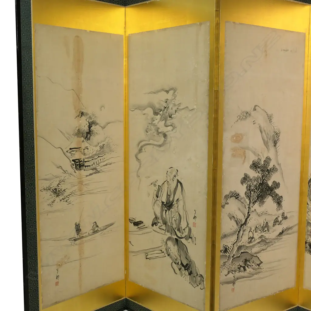 A late 19thC Japanese sixfold painted screen, Image 1++