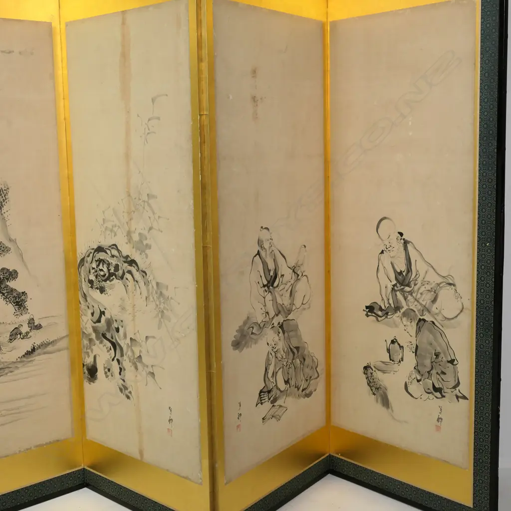 A late 19thC Japanese sixfold painted screen, Image 1++