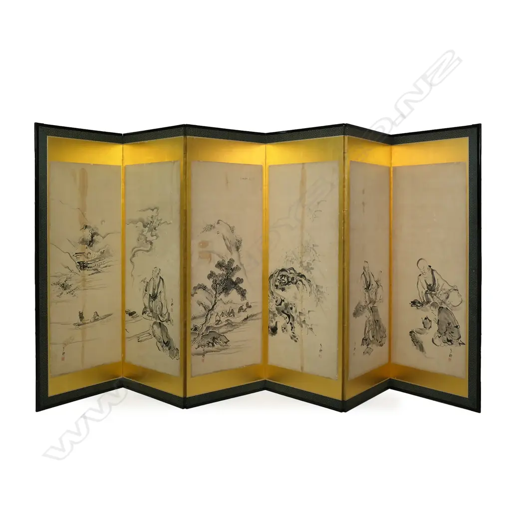 A late 19thC Japanese sixfold painted screen, Image 1++