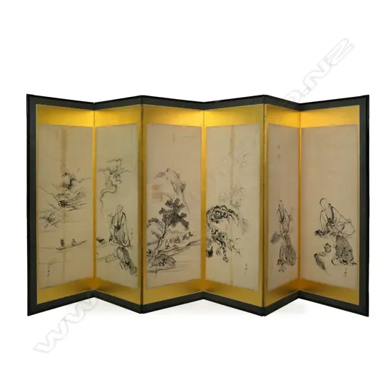 A late 19thC Japanese sixfold painted screen,